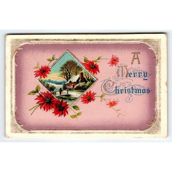Vintage Embossed Christmas Postcard Snow Cottage & Red Poinsettias - Picture 1 of 2